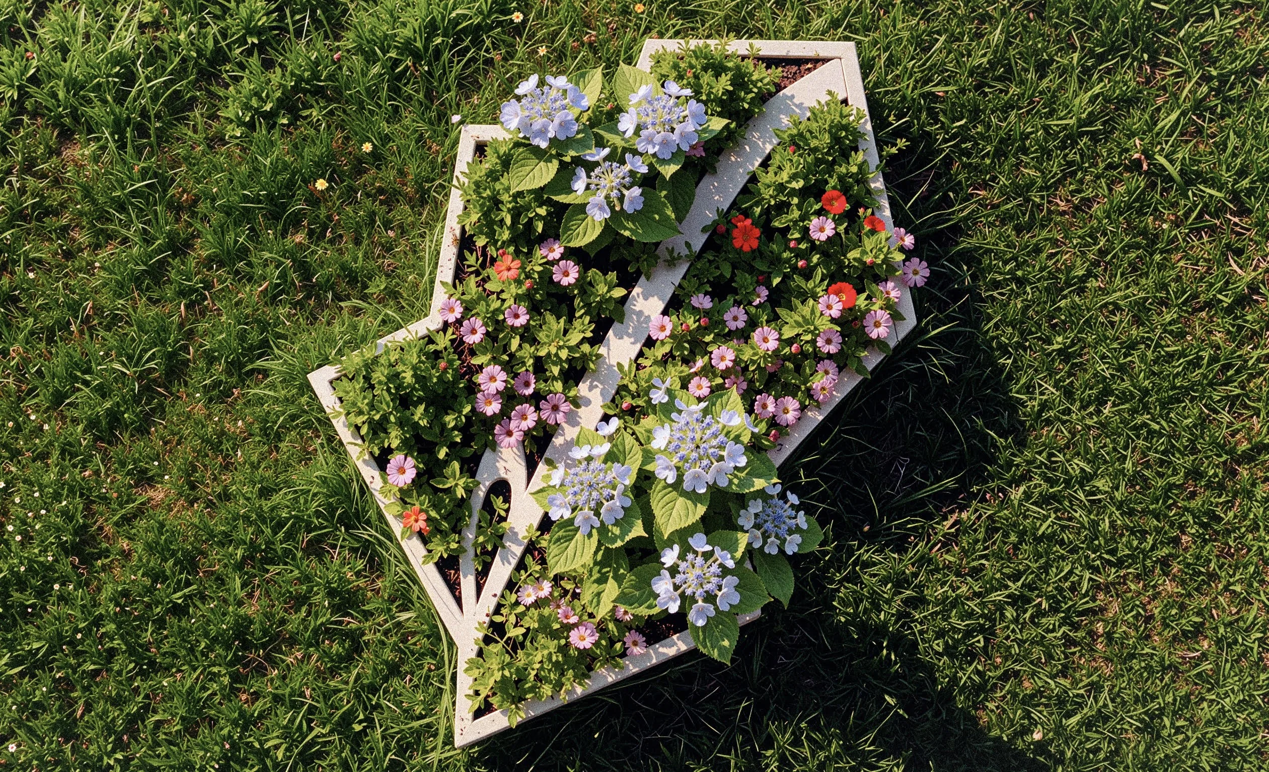 Planter shaped like the Patch mark, filled with flowers and set into a lawn, photographed from above
