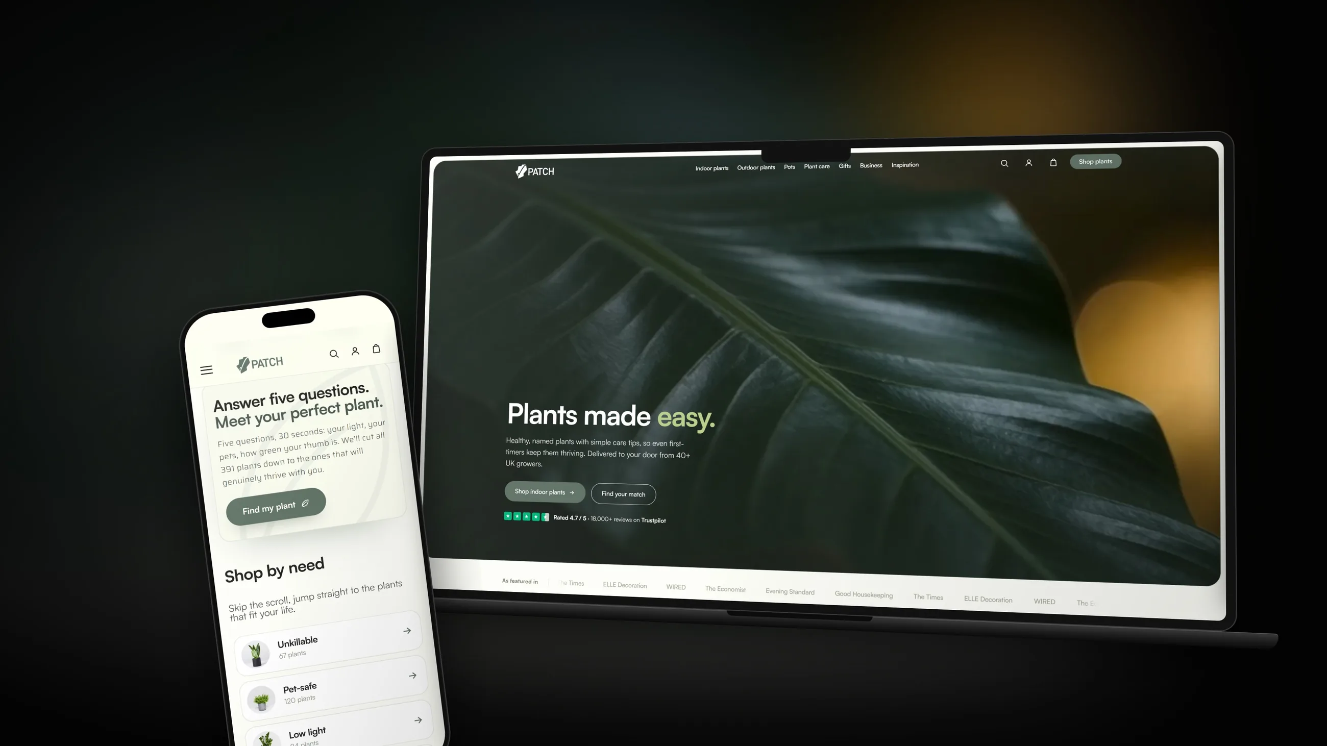Laptop and phone in the dark showing the Patch homepage hero, Plants made easy