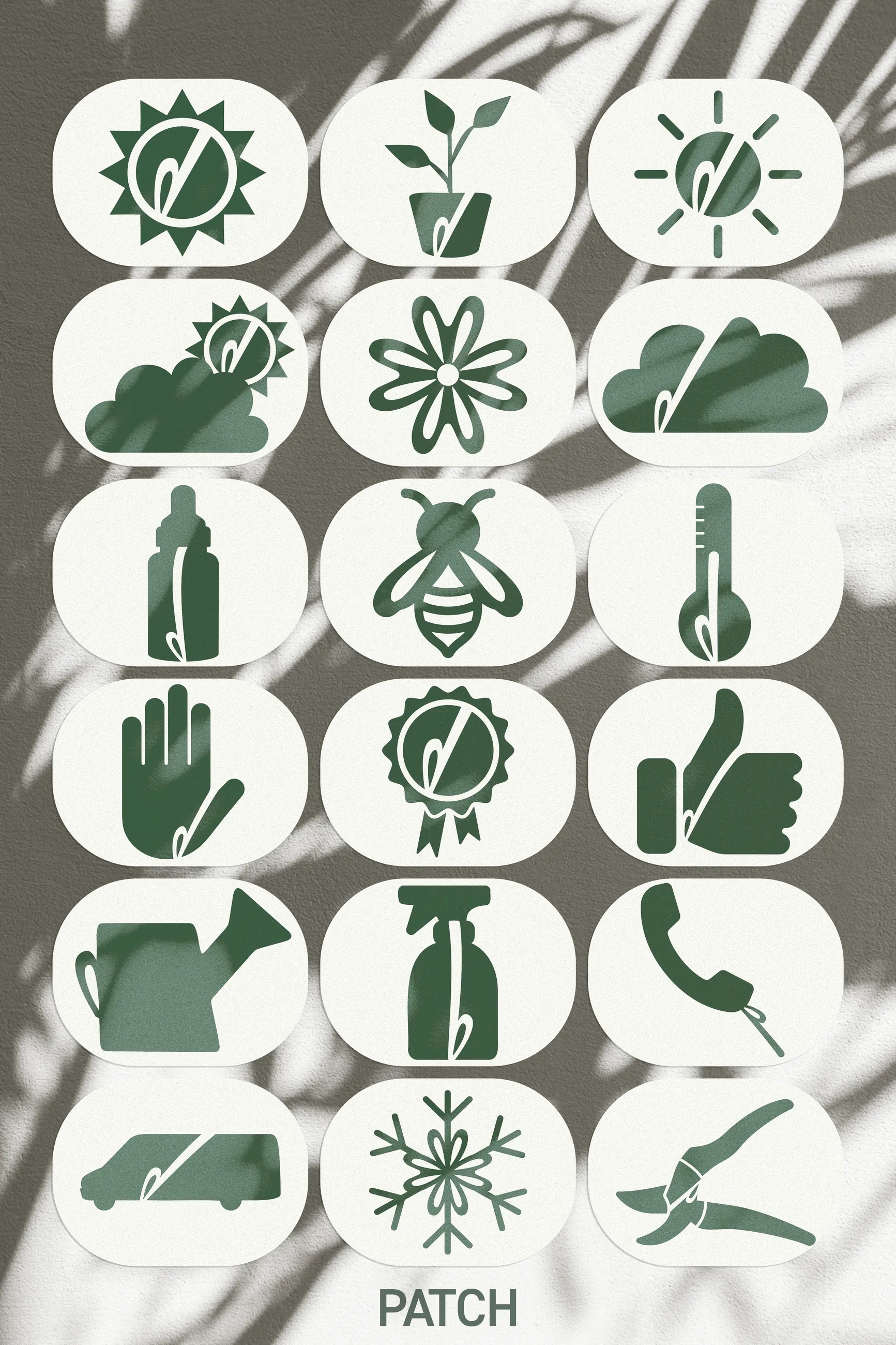 Grid of Patch care icons printed as cream lozenge cards on a grey wall