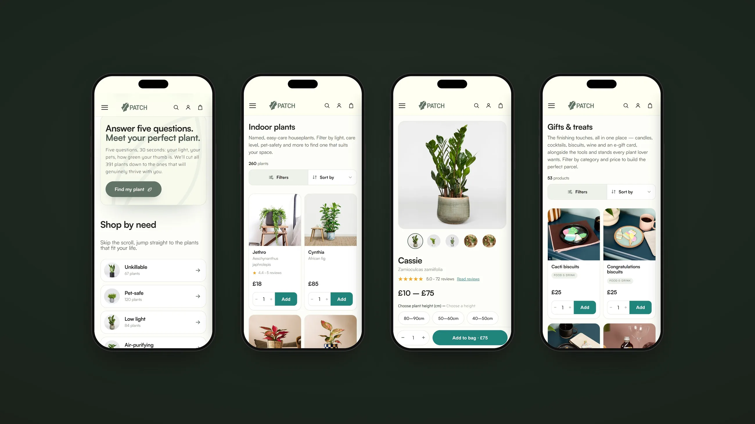 Four phones showing the plant finder quiz, indoor plants listing, a product page and gifts and treats
