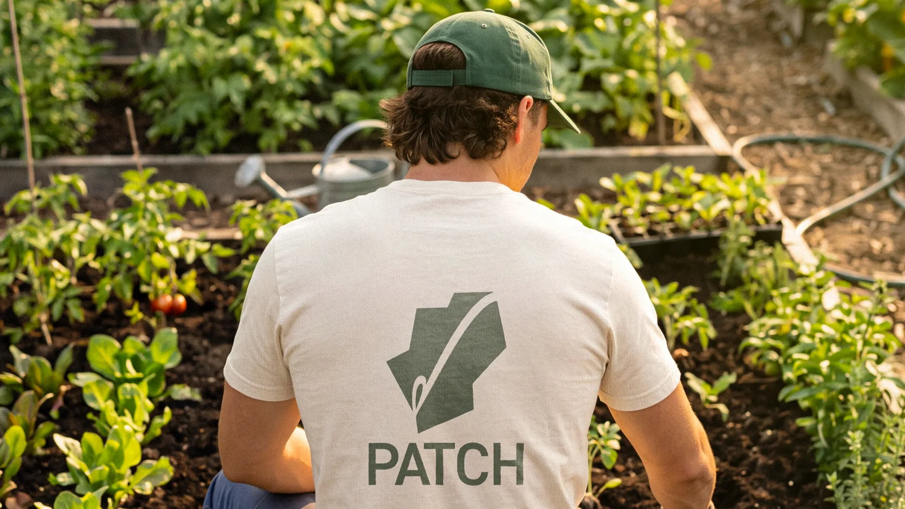 Gardener in the raised beds wearing the cream Patch team tee with the symbol and wordmark on the back
