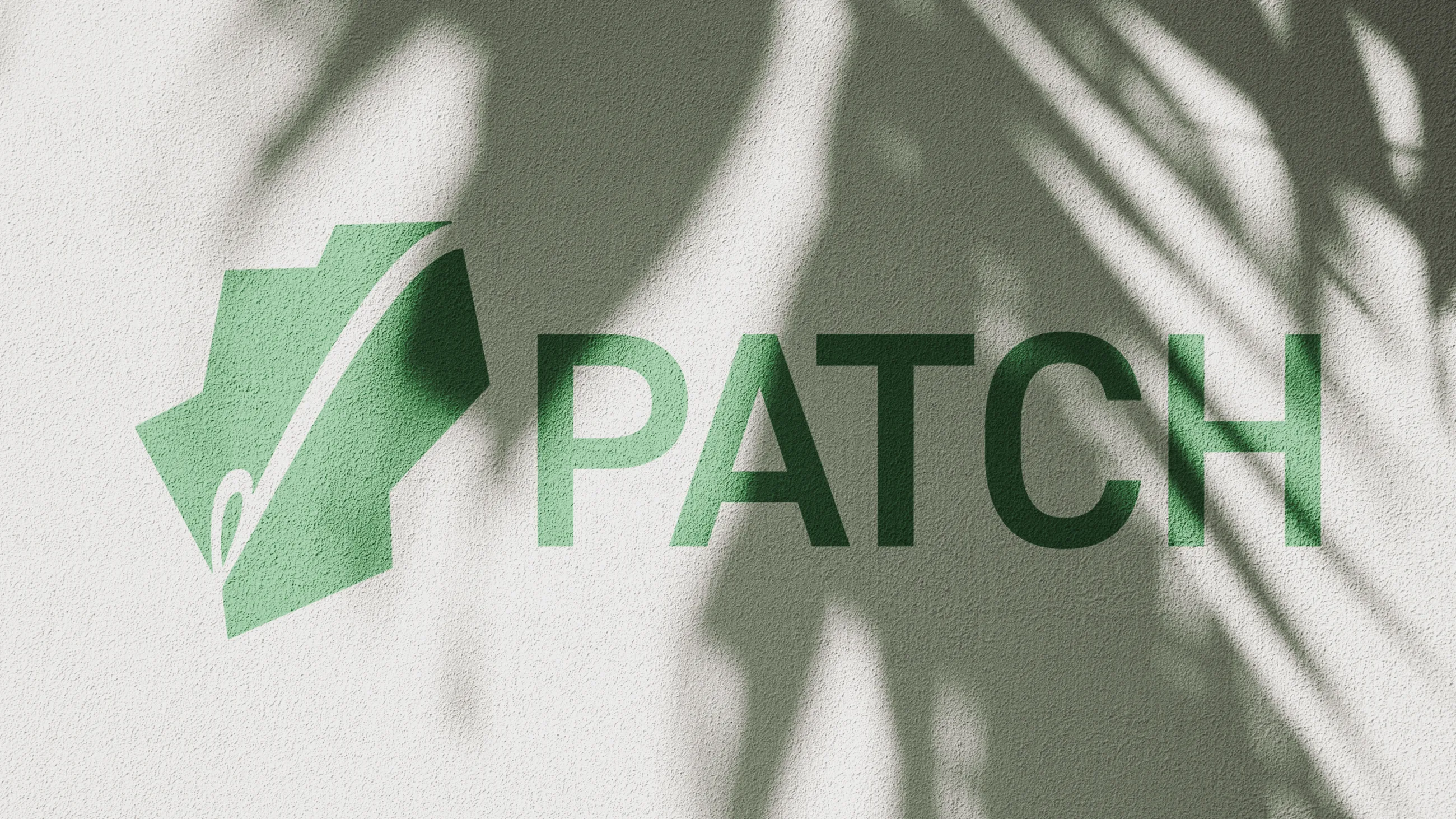 Patch lockup painted in leaf green on a textured white wall under palm shadows