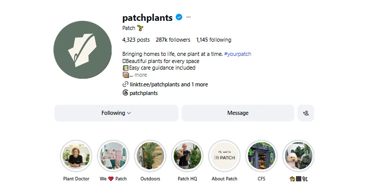 The @patchplants Instagram profile: the Patch symbol in cream on a sage circle, the display name Patch, 287 thousand followers, the bio Bringing homes to life, one plant at a time, and a row of story highlights