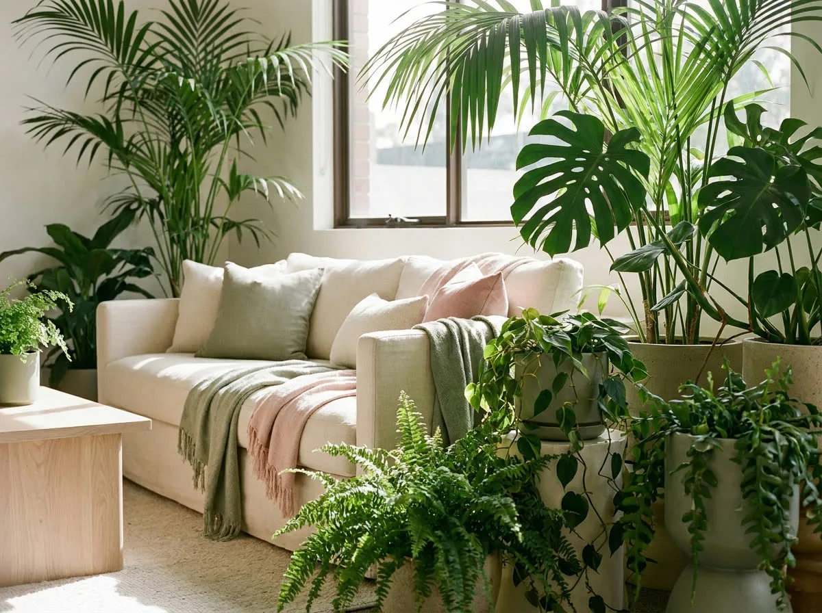 An office lounge layered with palms, a monstera and trailing plants beside a soft linen sofa