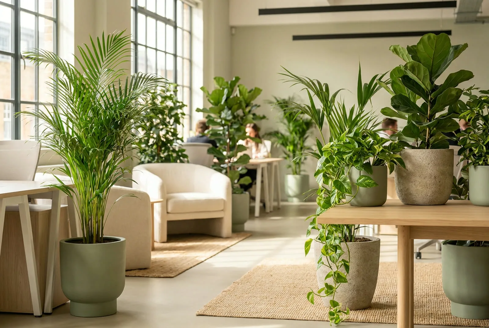 A bright commercial workspace greened with palms, fiddle-leaf figs and trailing pothos in sage and stone pots