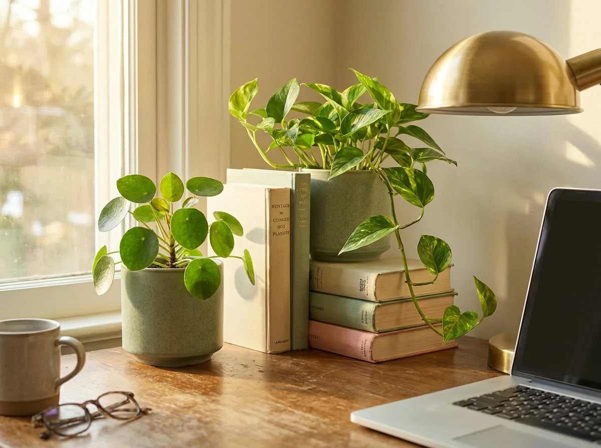 A styled desk corner with a Chinese money plant and a trailing pothos in sage pots beside books and a lamp