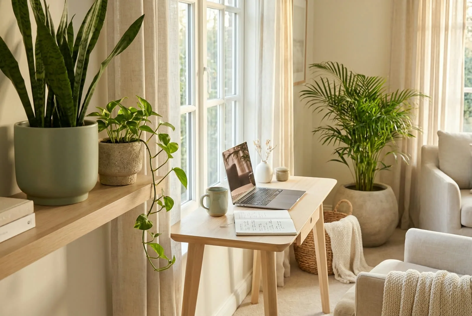 A calm home office nook: a pale oak desk by a window styled with a snake plant, trailing pothos and a parlour palm in sage ceramic pots